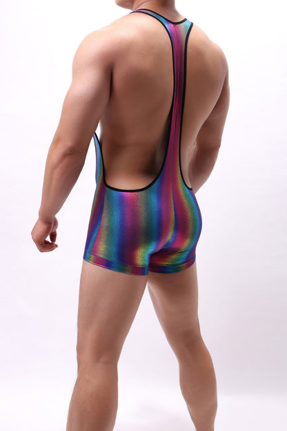 Men's Shiny Rainbow Wrestling Singlet Leotard Racerback Suspender Jockstrap Bodysuit Dancewear Boxer Jumpsuit Swimsuit