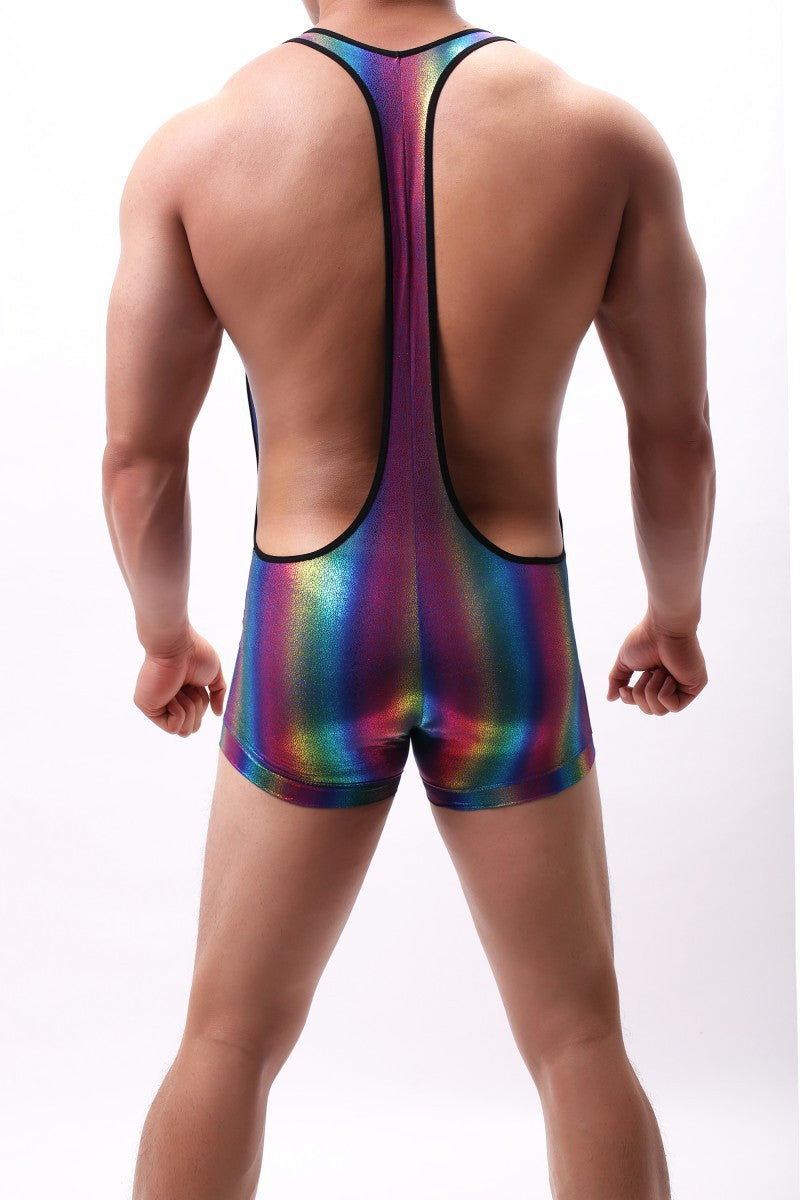 Men's Shiny Rainbow Wrestling Singlet Leotard Racerback Suspender Jockstrap Bodysuit Dancewear Boxer Jumpsuit Swimsuit