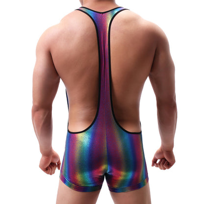 Men's Shiny Rainbow Wrestling Singlet Leotard Racerback Suspender Jockstrap Bodysuit Dancewear Boxer Jumpsuit Swimsuit