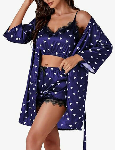 Womens Lace Cami Top and Shorts Satin Silk Lingerie Set with Robe 3 Piece Outfits Pajamas Cute Love Heart Loungewear