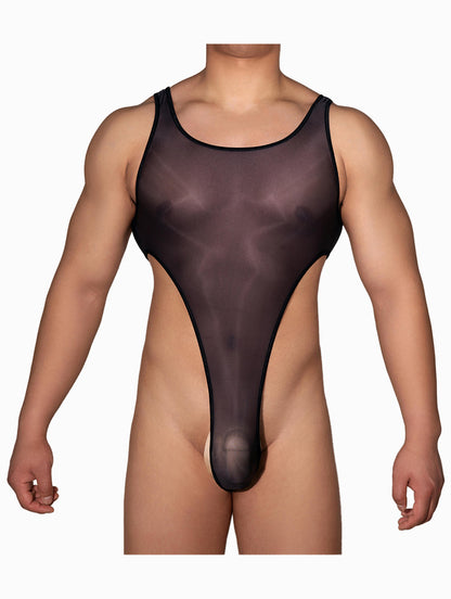 Mens see through underwear Glossy Sheer Stretch Men's Bodysuit Lingerie U Back Sleeveless Leotard Jockstrap