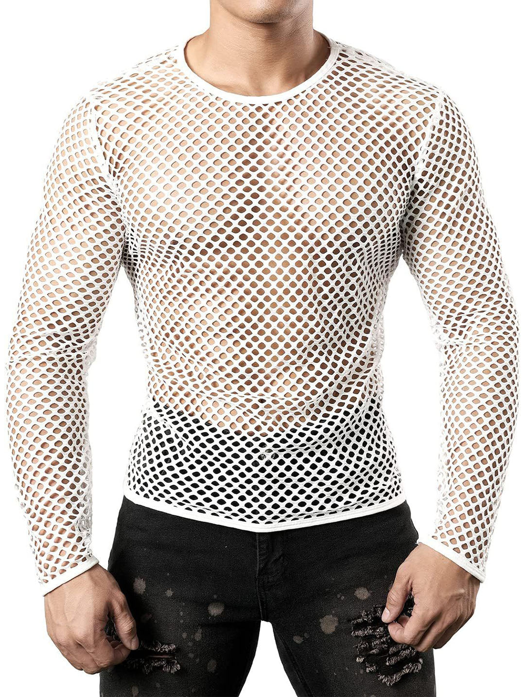 Men's Sexy Mesh Fishnet Muscle Top - Fitted Gym T-Shirt for Rave, Clubwear, and Parties，mens see through underwear