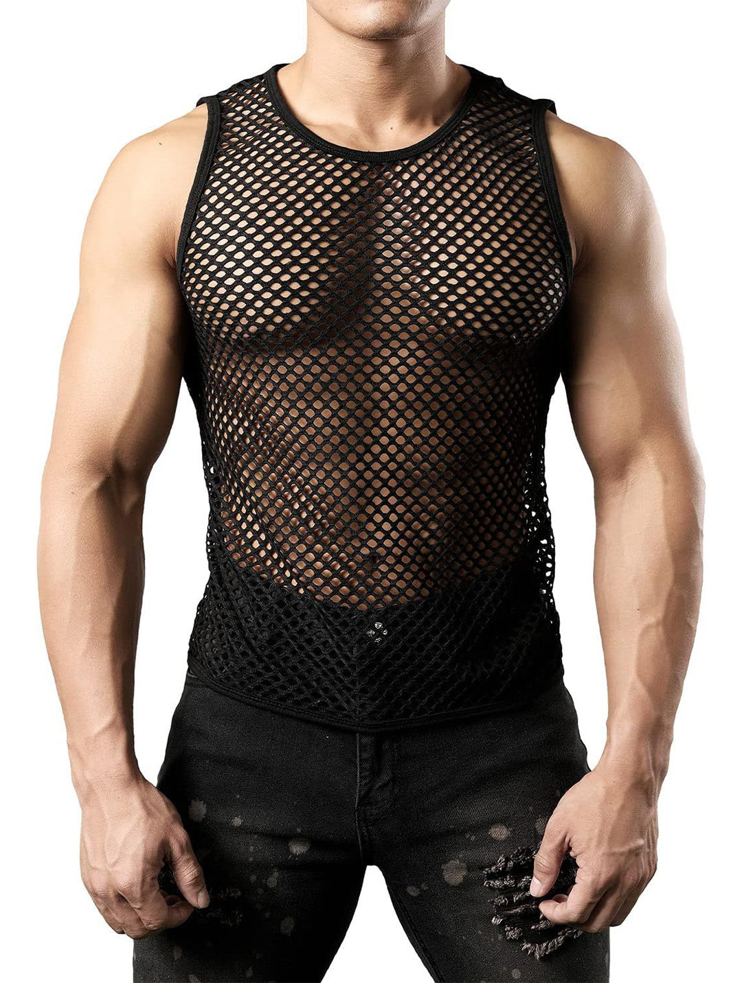 Men's Sexy Mesh Fishnet Muscle Top - Gym T-Shirt for Rave & Clubwear