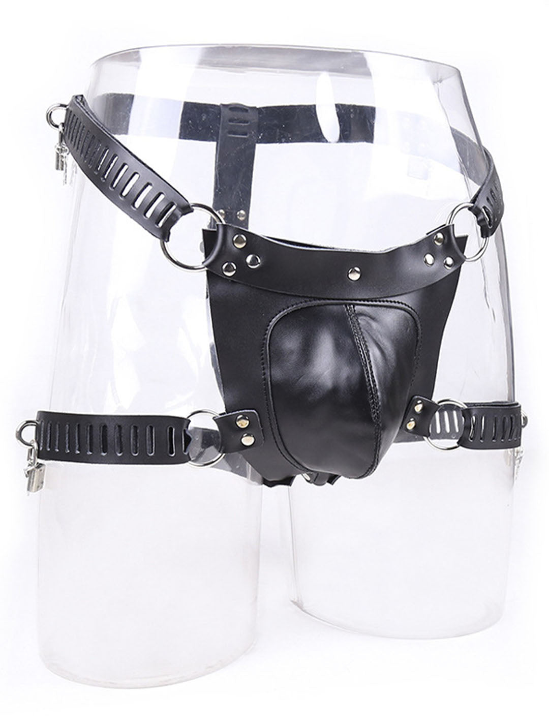 Men's Adjustable Chastity Lock Pants Underwear BDSM Leather Harness Kit with Key and Lock