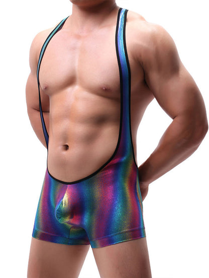 Men's Shiny Rainbow Wrestling Singlet Leotard Racerback Suspender Jockstrap Bodysuit Dancewear Boxer Jumpsuit Swimsuit