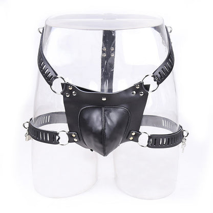 Men's Adjustable Chastity Lock Pants Underwear BDSM Leather Harness Kit with Key and Lock