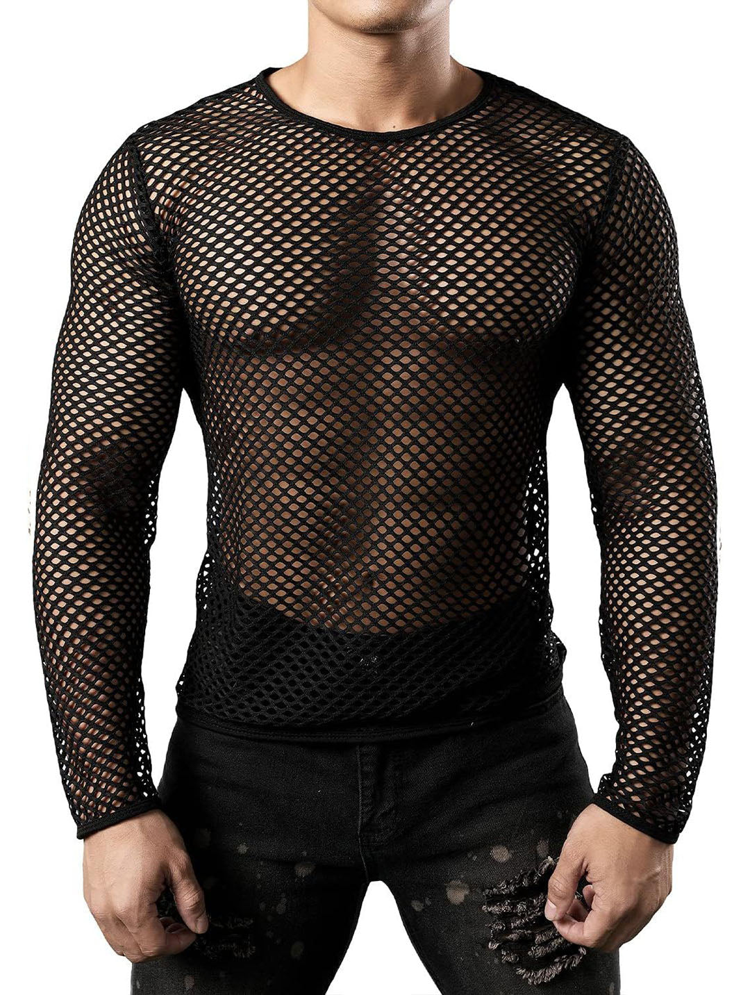 Men's Sexy Mesh Fishnet Muscle Top - Fitted Gym T-Shirt for Rave, Clubwear, and Parties，mens see through underwear