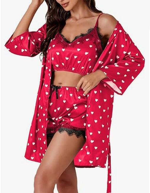 Womens Lace Cami Top and Shorts Satin Silk Lingerie Set with Robe 3 Piece Outfits Pajamas Cute Love Heart Loungewear