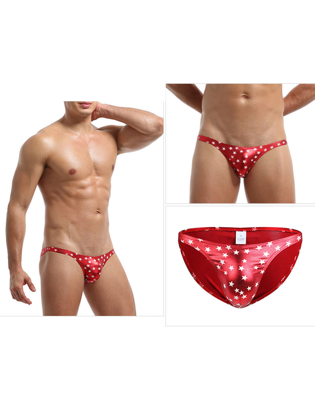 Bikini Bulge Men's Briefs - PU Leather Star Print Triangle Briefs for Men