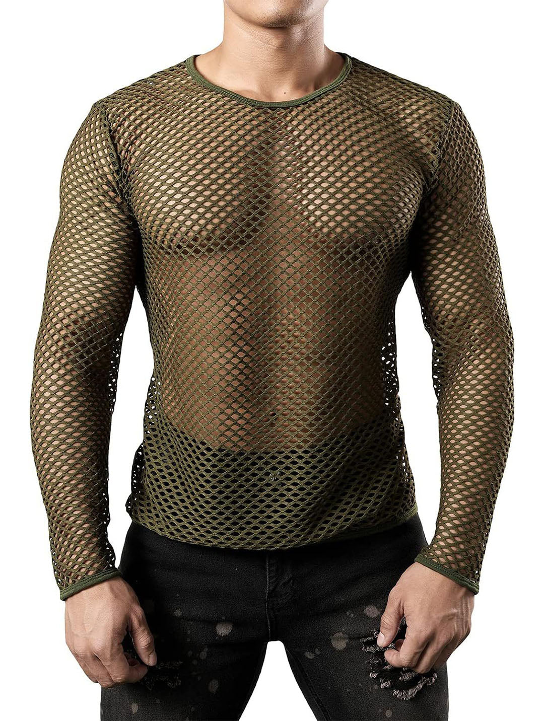 Men's Sexy Mesh Fishnet Muscle Top - Fitted Gym T-Shirt for Rave, Clubwear, and Parties，mens see through underwear