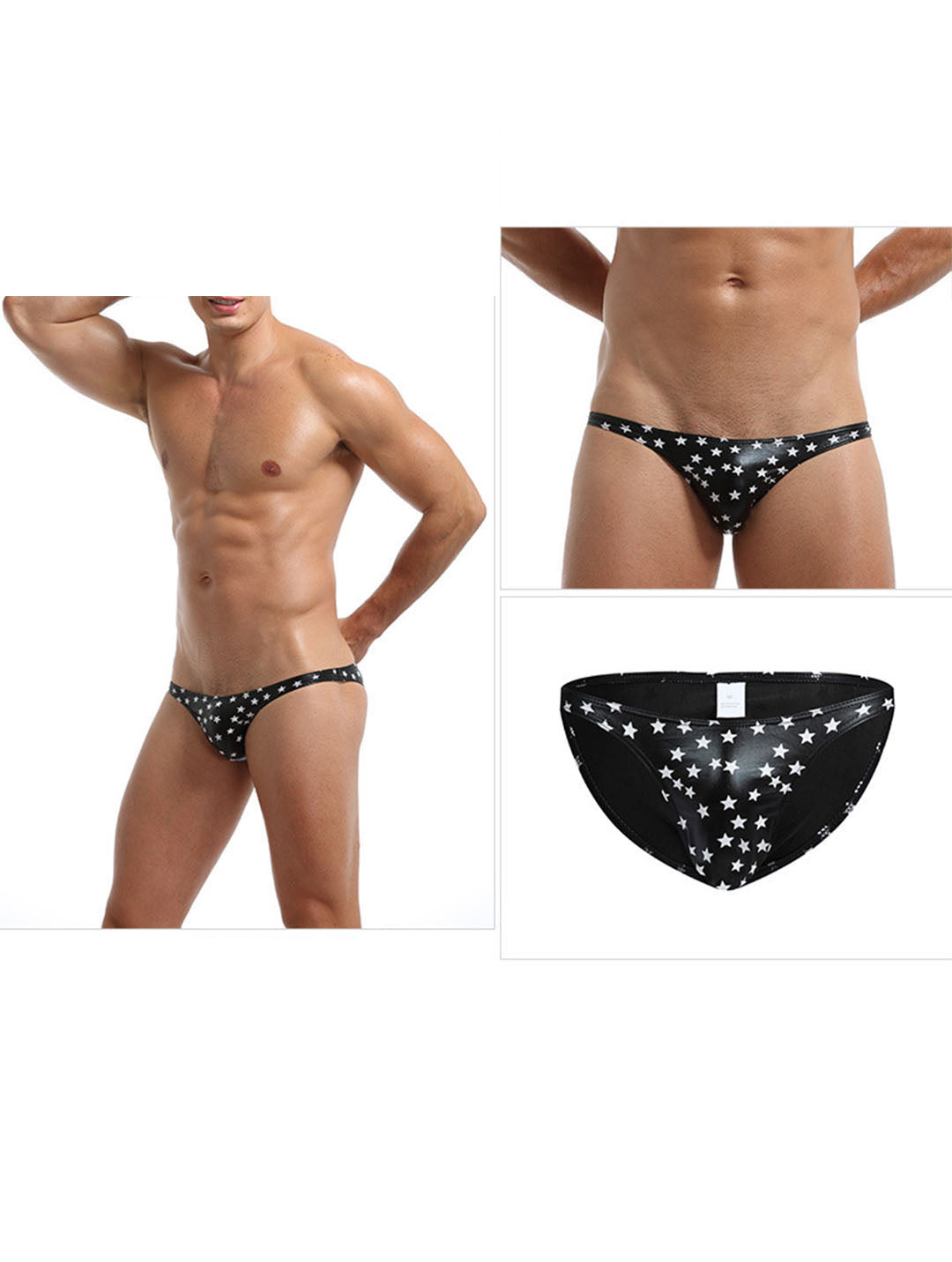 Bikini Bulge Men's Briefs - PU Leather Star Print Triangle Briefs for Men