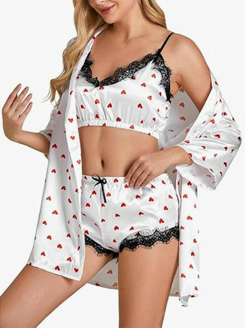 Womens Lace Cami Top and Shorts Satin Silk Lingerie Set with Robe 3 Piece Outfits Pajamas Cute Love Heart Loungewear