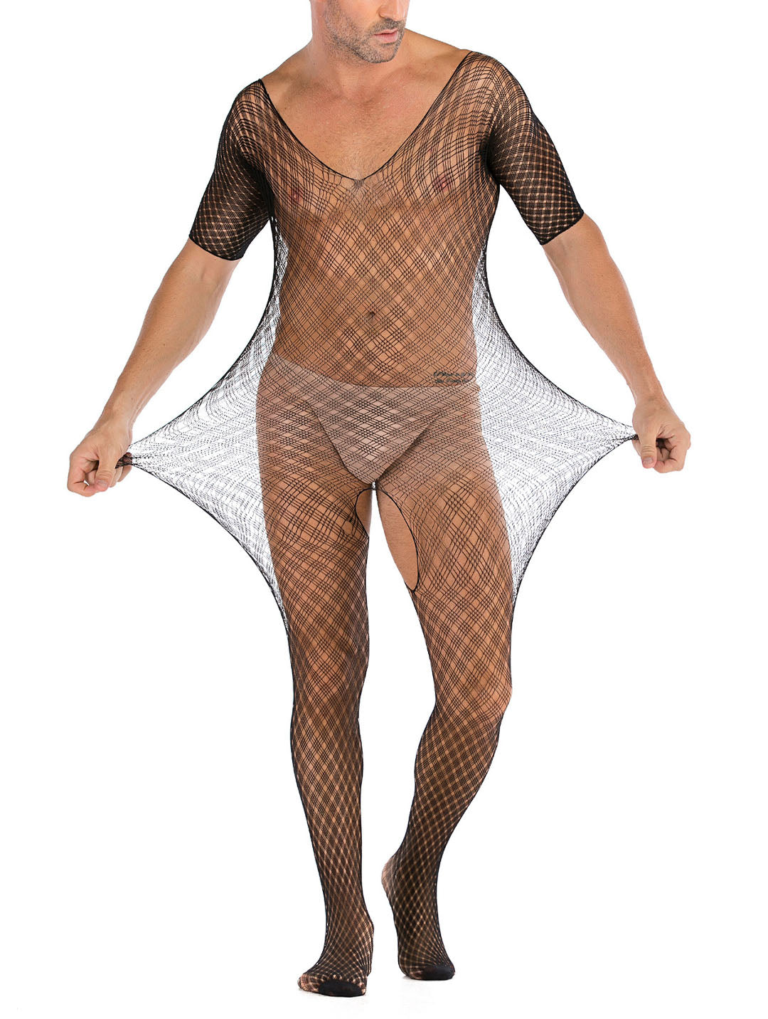 Mens Floral Lace lingerie  Mens see Through Underwear Sexy Fishnet Leotard Wrestling Jumpsuit Mini Dress Clubwear- 35 Styles