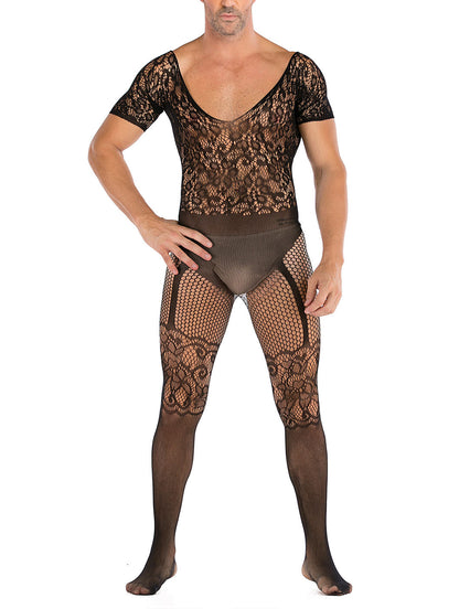 Mens Floral Lace lingerie  Mens see Through Underwear Sexy Fishnet Leotard Wrestling Jumpsuit Mini Dress Clubwear- 35 Styles