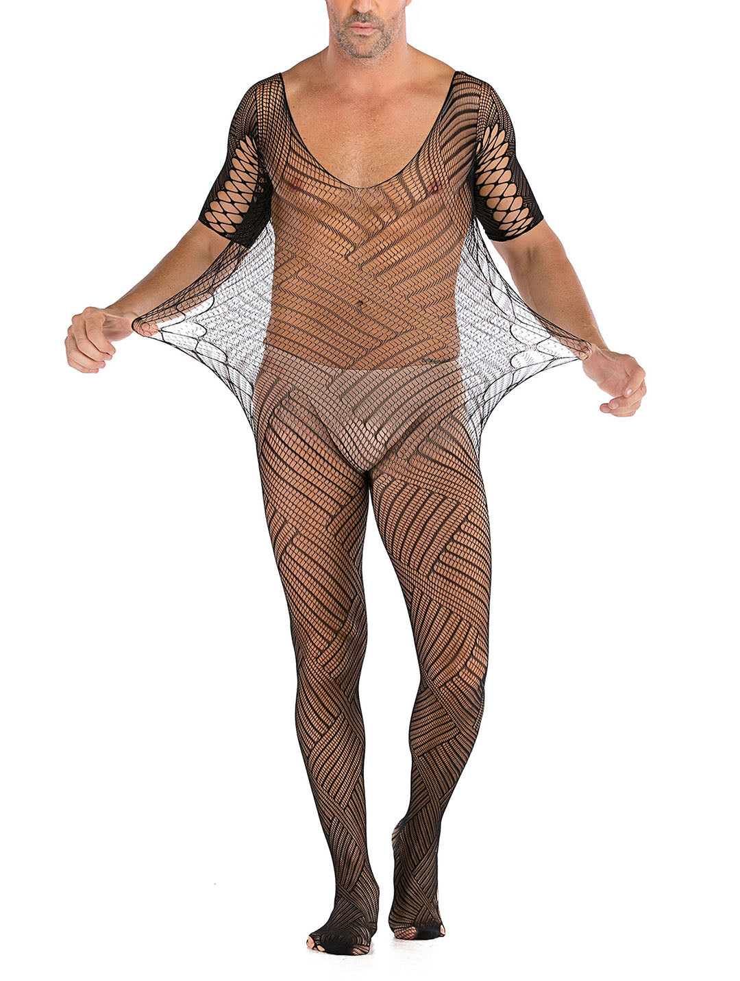 Mens Floral Lace lingerie  Mens see Through Underwear Sexy Fishnet Leotard Wrestling Jumpsuit Mini Dress Clubwear- 35 Styles