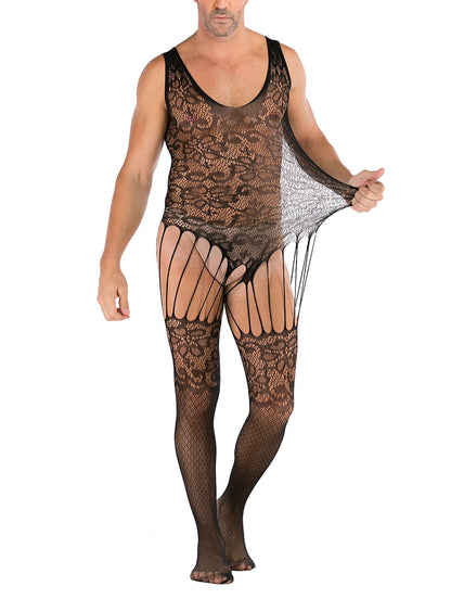 Mens Floral Lace lingerie  Mens see Through Underwear Sexy Fishnet Leotard Wrestling Jumpsuit Mini Dress Clubwear- 35 Styles