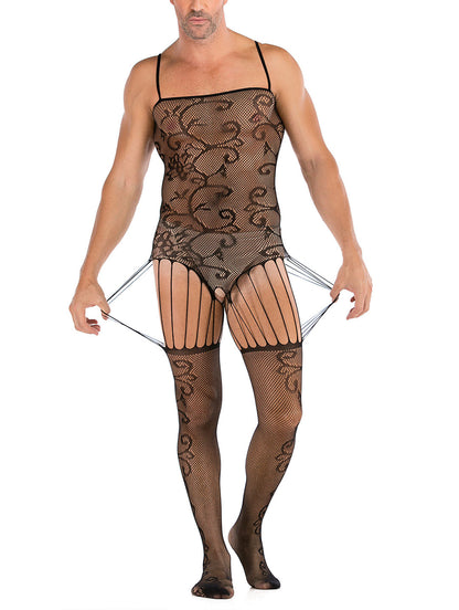 Mens Floral Lace lingerie  Mens see Through Underwear Sexy Fishnet Leotard Wrestling Jumpsuit Mini Dress Clubwear- 35 Styles