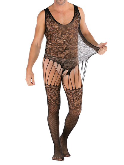 Mens Floral Lace lingerie  Mens see Through Underwear Sexy Fishnet Leotard Wrestling Jumpsuit Mini Dress Clubwear- 35 Styles