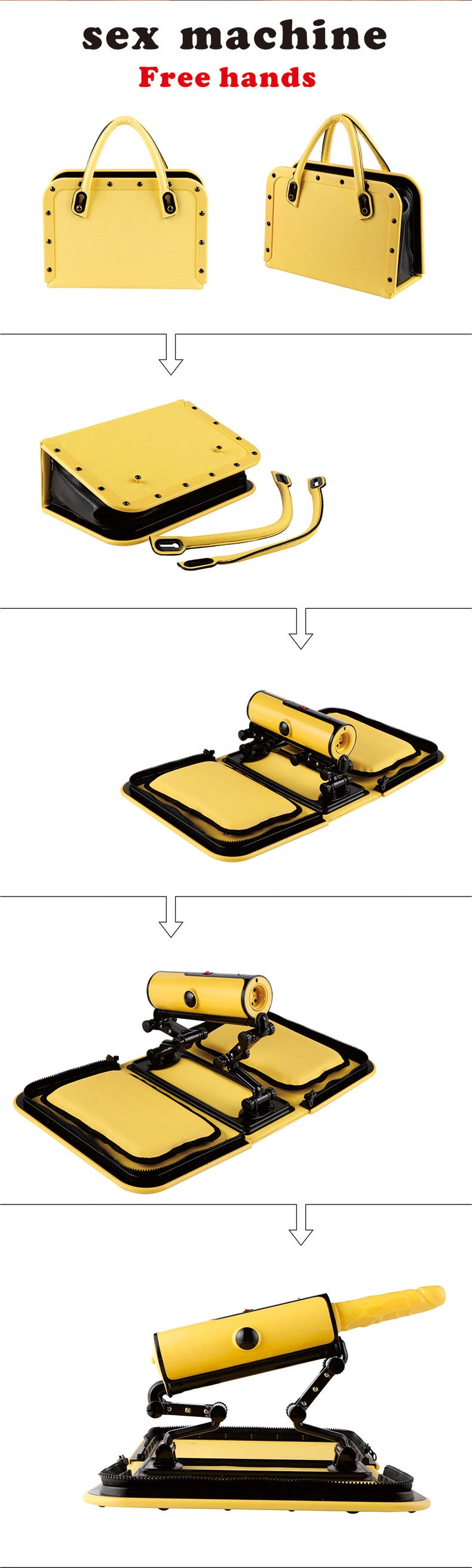 Exploded view of Sexobot sex machine parts including warming dildo and accessories.