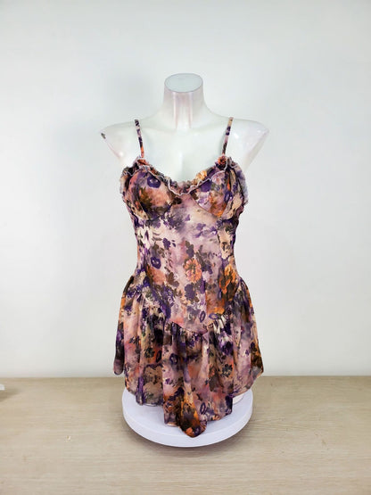 Sexy Floral Print Halter Neck Babydoll Nightgown for Women | Bareback Dress