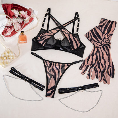 Four-Piece Erotic Leopard Print Lingerie Set with Metal Chain, Tulle Net, Thong, Gloves, and Gloved Leg Rings