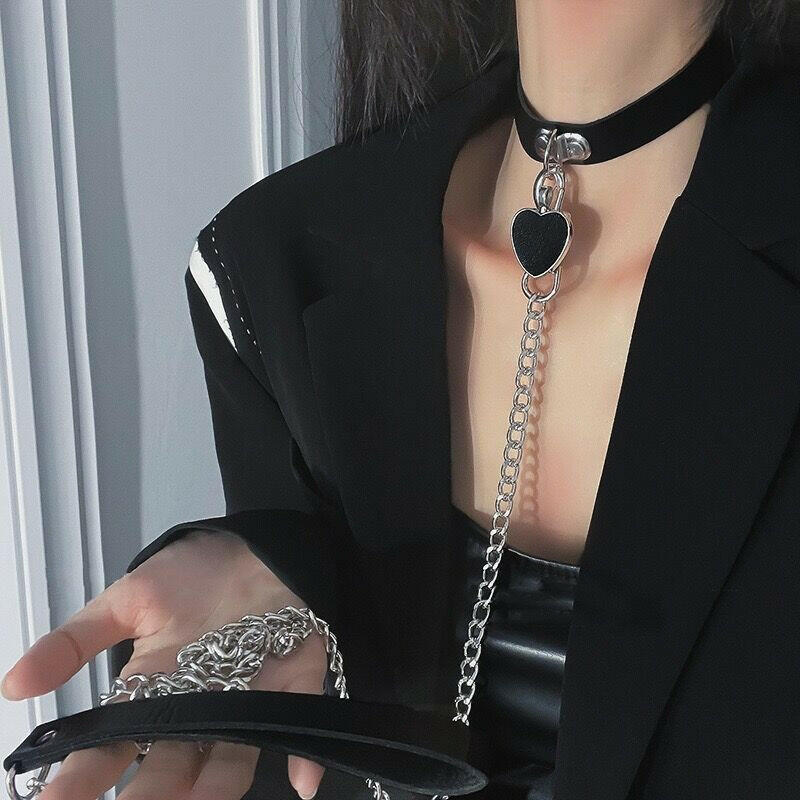 Rivet Collar Punk Traction Chain PU Leather Collar Metal Ring Gothic Necklace NightClub Gothic Leash Adjustable Size