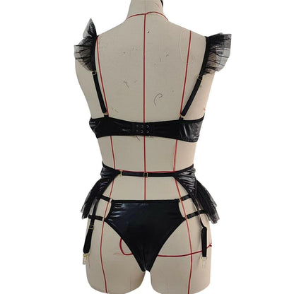 Sexy women's patent leather mesh garter three-piece sexy suit