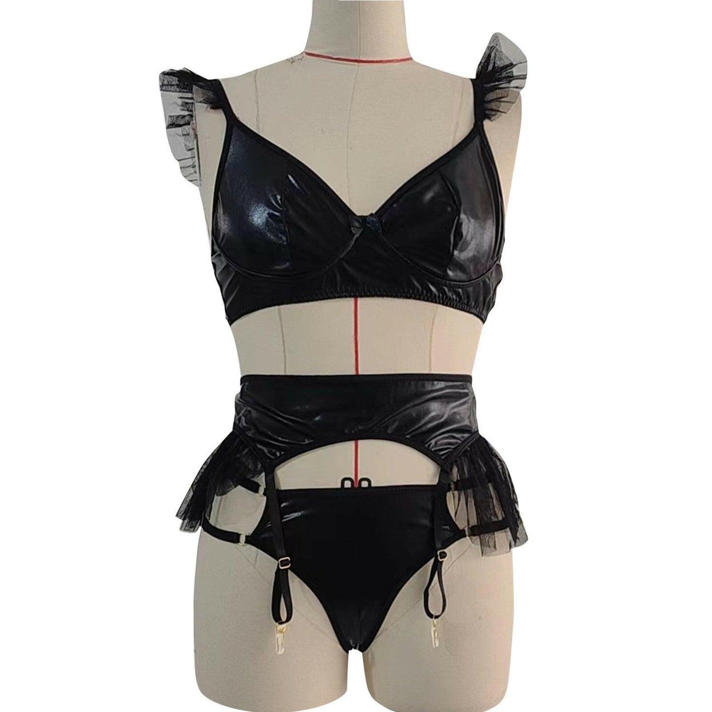 Sexy women's patent leather mesh garter three-piece sexy suit