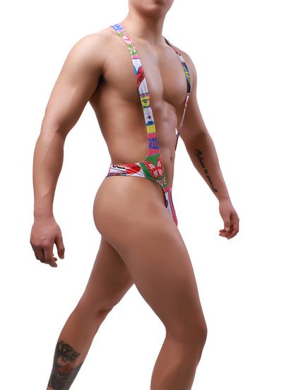 Sexy Mesh Jockstrap for Men | Graphic Print Leotard with Bulge Pouch | Wrestling Singlet Bodysuit Underwear