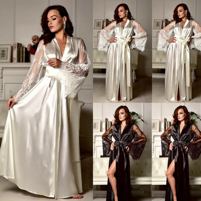 Women's Floral Lace Kimono Robe Long Sleeves Dressing Gown Bathrobe Bride Robe Nightwear