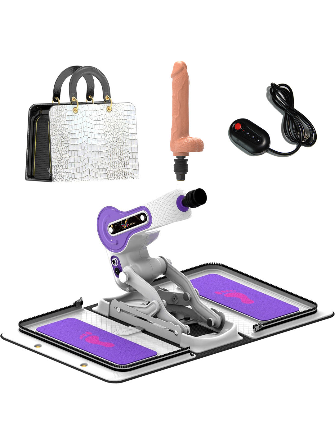 Buy Sex Machine, Sexobot packaging reveals a sleek handbag, realistic dildo attachment, remote control, and power accessories for ultimate convenience.