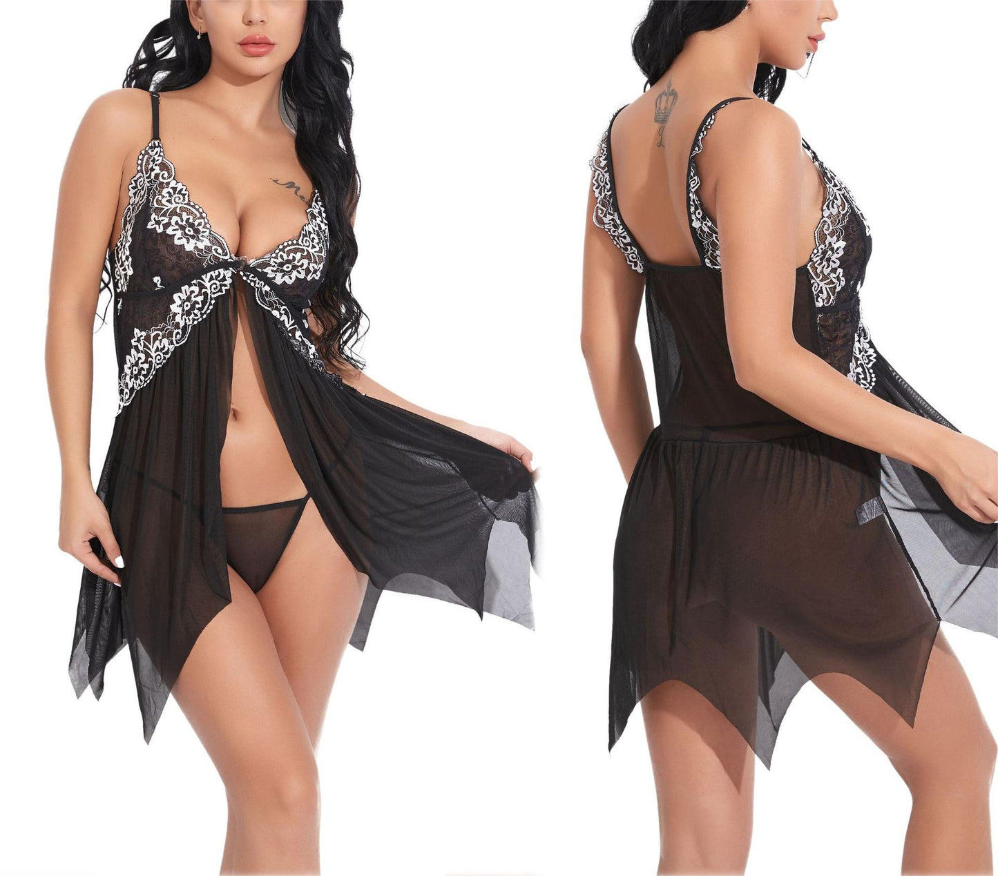 Women Lace Lingerie Front Closure Babydoll V Neck Nightwear Sexy Chemise Nightie