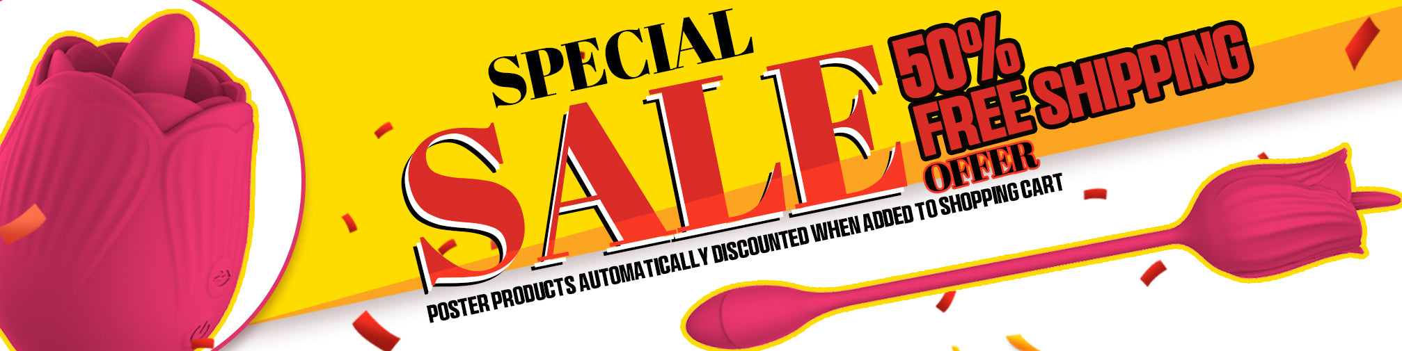 Poster specifies rose vibrators with 50% off for a limited time