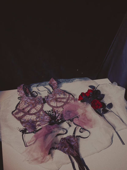 purple lingerie set  embroidered bra，